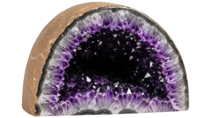 Amethyst geode isolated PNG, purple crystal gemstone with natural rock formation for mineralogy and geology enthusiasts on transparent background