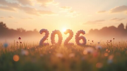 2026 Floral Numbers on Sunrise Field.A serene nature scene featuring the number &ldquo;2026&rdquo; crafted from flower-like structures standing on a grassy field