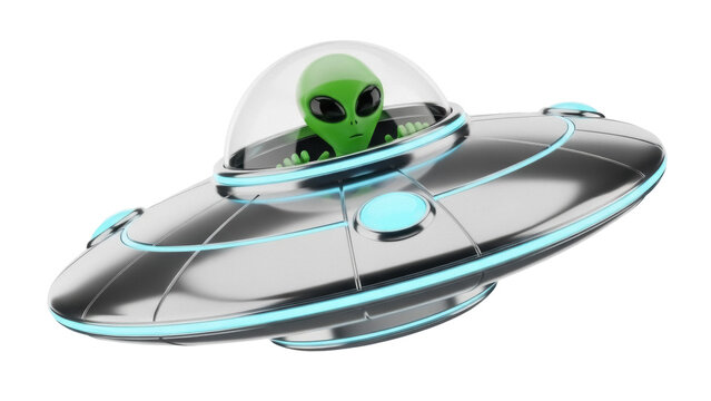 Green alien in a flying saucer PNG isolated on transparent background, extraterrestrial visitor in spaceship for sci-fi concepts