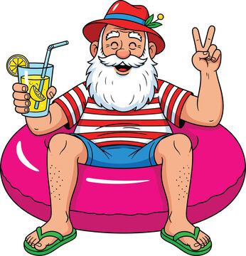 Happy cartoon Santa Claus on summer vacation relaxing in a pink floatie with a drink and flashing a peace sign.
