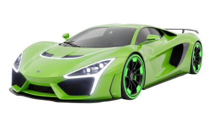 Lime green sports car PNG isolated on transparent background, modern supercar with black rims for automotive design and advertising © Nicolae