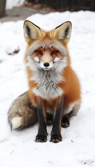 Fototapeta premium A Red Fox Standing Alert in the Winter Snow, Captivating Eyes Meeting the Viewer, Fur Glimmering