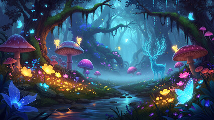 Magical Enchanted Forest with Glowing Mushrooms, Bioluminescent Deer, and Fairies at Night
