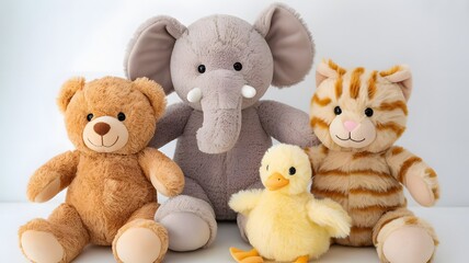 A cuddly group of plush toys featu a teddy bear, elephant, cat, and duckling sit together on a white surface creating a soft and comforting scene perfect for kids.