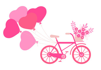 Retro bicycle with balloons. Cute bicycle with flowers in basket and balloons