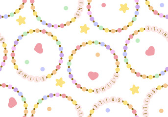 Seamless pattern with Kids jewelry. Plastic beads decorating handmade fashioned elements 90s style jewelry. friendship bracelets and letter beads