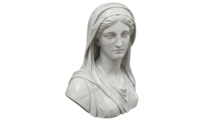 Marble bust of a woman isolated PNG on transparent background, classical sculpture of a female figure for art and design projects