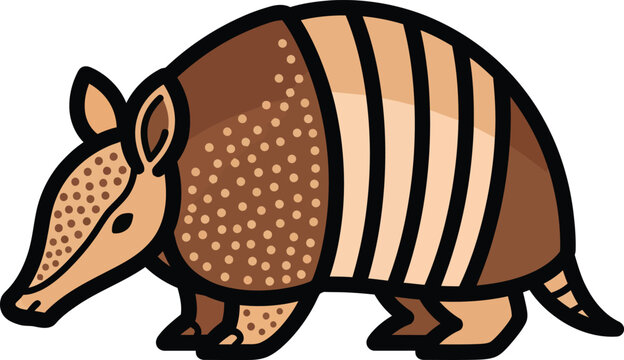 Stylized brown armadillo illustration with a distinctive spotted and striped shell shown in a side profile view.