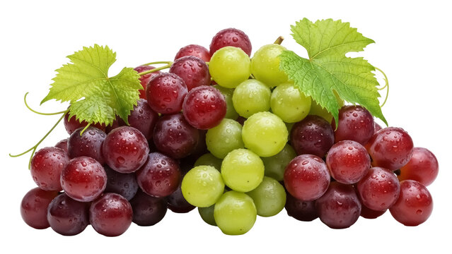 Fresh red and green grapes with leaves isolated PNG, healthy fruit for snacks and desserts on transparent background