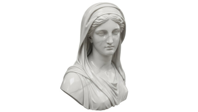 Marble bust of a woman isolated PNG on transparent background, classical sculpture of a female figure for art and design projects