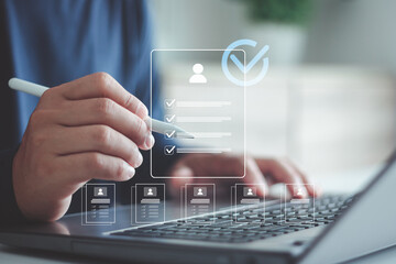 Business professional using digital pen on laptop with virtual checklist user profile, online verification, approval process, data validation, compliance management, digital workflow modern business.