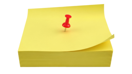 Yellow sticky notes with red push pin isolated PNG, office supplies for reminders and organization, on transparent background