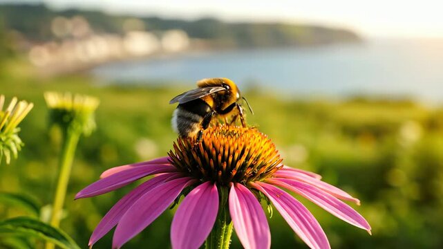 Close up of a bumblebee collecting nectar from a purple coneflower with a blurry coastal background at sunset