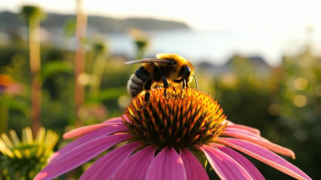 Close-up of a fuzzy bumblebee collecting pollen from a vibrant pink coneflower in a sunny meadow