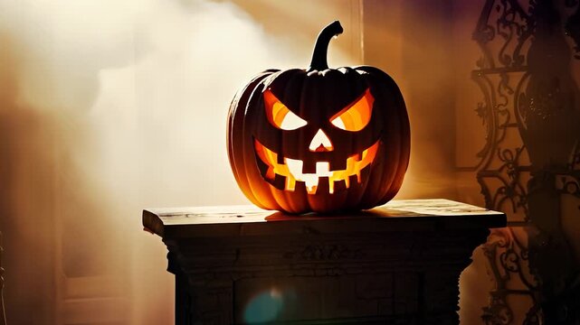 A carved Halloween pumpkin sits on a rustic table, glowing with an eerie light. This Halloween pumpkin displays a menacing face, creating a spooky ambiance in the dim setting.