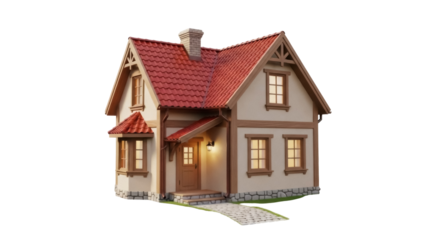 Charming cartoon house isolated PNG on transparent background, cozy home with red roof and stone path for fairytale and architectural design