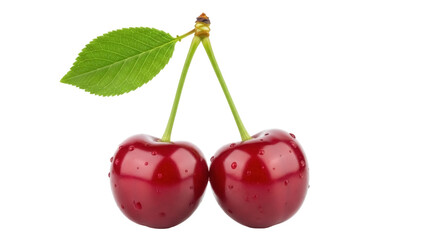Two ripe cherries with leaf isolated on transparent background PNG, fresh red summer fruit for healthy eating and dessert