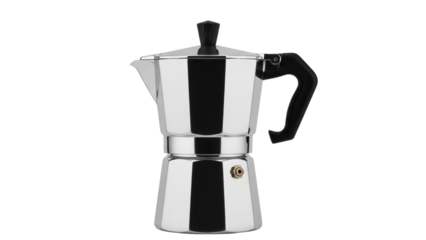 Classic stovetop espresso maker isolated PNG, Italian moka pot for coffee brewing on transparent background, traditional kitchen appliance
