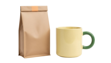 Beige coffee bag and yellow mug with green handle isolated PNG, coffee packaging mockup for branding and product presentation