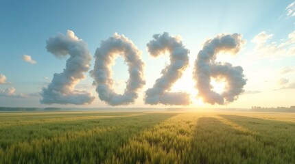 2026 Cloud Numbers in Blue Sky &ndash; Nature, Sunrise, and Future Symbolism.A scenic landscape featuring fluffy cloud-shaped &ldquo;2026&rdquo; numbers floating above a green field under a bright blue sky.