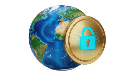 Earth globe with golden padlock isolated PNG, global security concept for data protection and privacy on transparent background