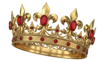 Golden royal crown with red jewels isolated PNG, king or queen coronation symbol for medieval fantasy and historical designs