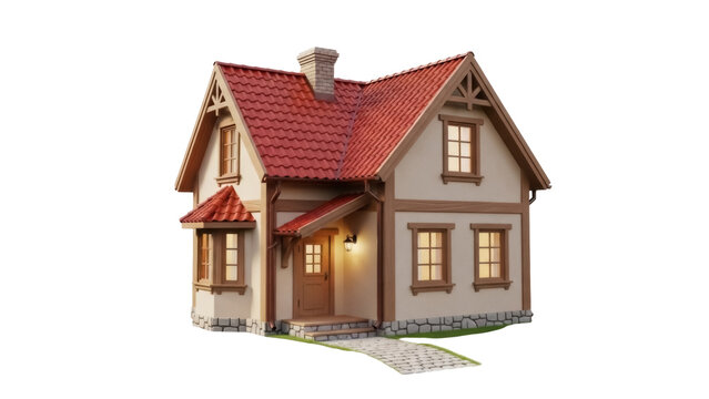 Charming cartoon house isolated PNG on transparent background, cozy home with red roof and stone path for fairytale and architectural design