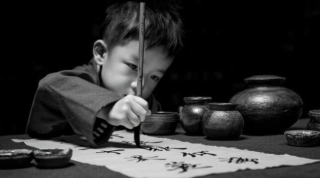 Young chinese boy practicing calligraphy with ink pots in black and white