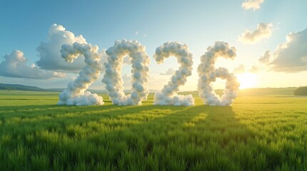 2026 Cloud Numbers in Sunlit Field &ndash; Whimsical Nature and Future Celebration.A serene landscape featuring fluffy white &ldquo;2026&rdquo; numbers formed from cloud-like textures, standing upright in grassy field