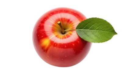 Shiny red apple with green leaf isolated PNG on transparent background, fresh fruit for healthy eating and design use