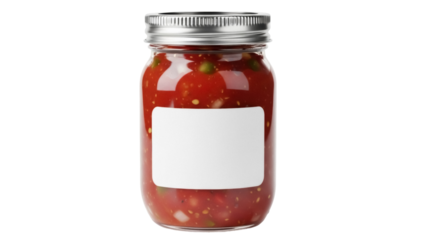 Jar of red salsa isolated PNG, homemade tomato sauce with vegetables on transparent background, spicy condiment for Mexican food