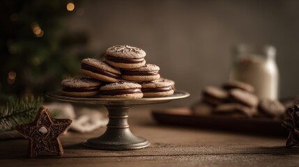 A tray of cookies with chocolate chips on top sits on a wooden table