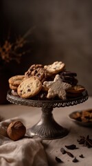 A silver tray with a variety of cookies and a star on top