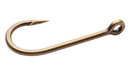 Bronze fishing hook isolated PNG on transparent background, angling equipment for catching fish and outdoor recreation