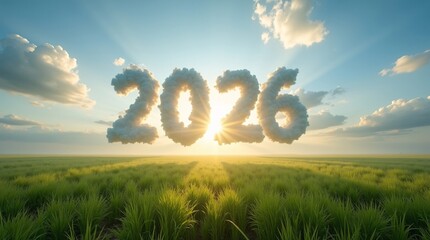 2026 Cloud Numbers in Sunlit Sky &ndash; Serene Nature and Future Symbolism.A peaceful landscape featuring fluffy cloud-shaped &ldquo;2026&rdquo; numbers floating in a blue sky above a lush green field