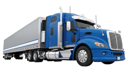 Blue semi-truck with trailer PNG isolated on transparent background, commercial transport vehicle for freight and logistics