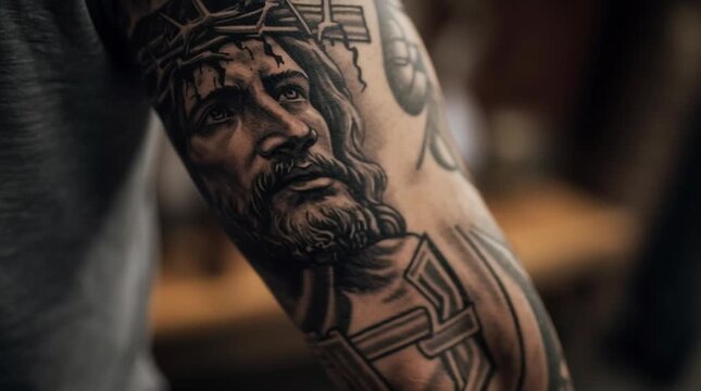 Closeup of a detailed black and grey jesus christ tattoo on an arm
