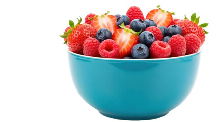 Fresh mixed berries in a blue bowl isolated PNG, vibrant strawberries, blueberries, and raspberries...