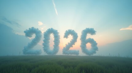 2026 Cloud Numbers in Misty Sky.A serene outdoor scene featuring fluffy cloud-shaped &ldquo;2026&rdquo; numbers floating in a misty sky above a grassy field