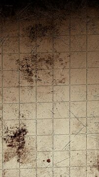 Abandoned Hospital Lower Level Stained With Blood, Neglected Basement Beneath Hospital With Blood Splatters And Shattered Tile Grout