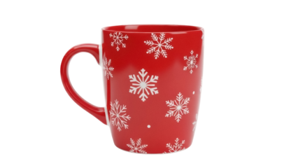 Red ceramic mug with snowflake pattern isolated PNG, festive drinkware for Christmas and winter holidays on transparent background