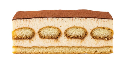 Delicious tiramisu dessert isolated PNG, traditional Italian sweet treat with coffee flavor and cocoa powder on transparent background