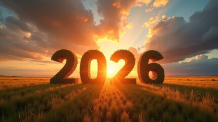 2026 Grass Numbers in Radiant Sunset.Grass-shaped &ldquo;2026&rdquo; in glowing sunset field. Ideal for New Year, nature, growth, and future-themed designs