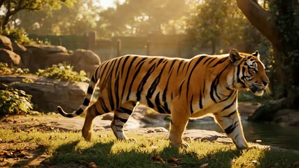 Majestic tiger walking through lush green forest landscape bathed in golden sunlight