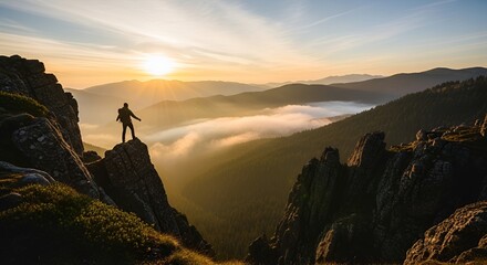 Hiker standing on mountain peak at sunrise overlooking foggy valley and rugged landscape