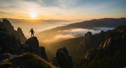 Person standing on mountain peak at sunrise overlooking foggy valley and distant mountains