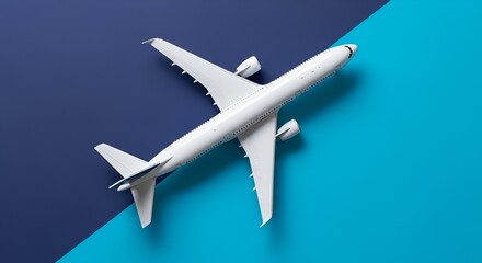 Airplane flies over blue background, showcasing white aircraft in flight mode clearly