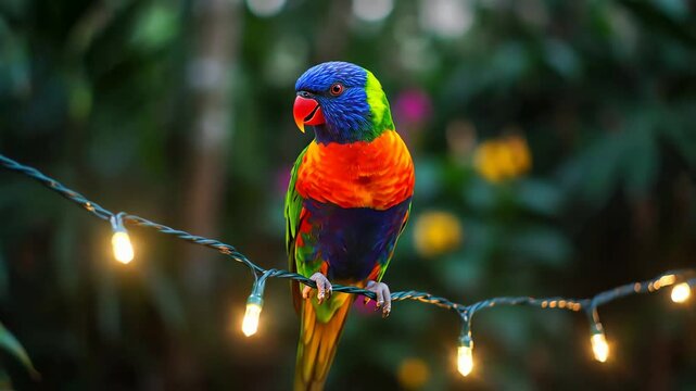 Vibrant lorikeet parrot perched on a string of glowing lights amidst lush greenery