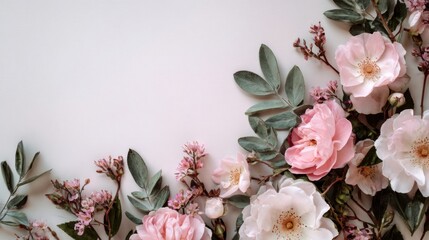 Elegant floral arrangement featuring pink flowers and green leaves on a white backdrop