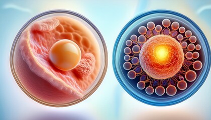 antiaging effect illustrate an aging skin cell alongside a rejuvenated skin cell highlighting the transformative effects that exosomes have on skin vitality and texture